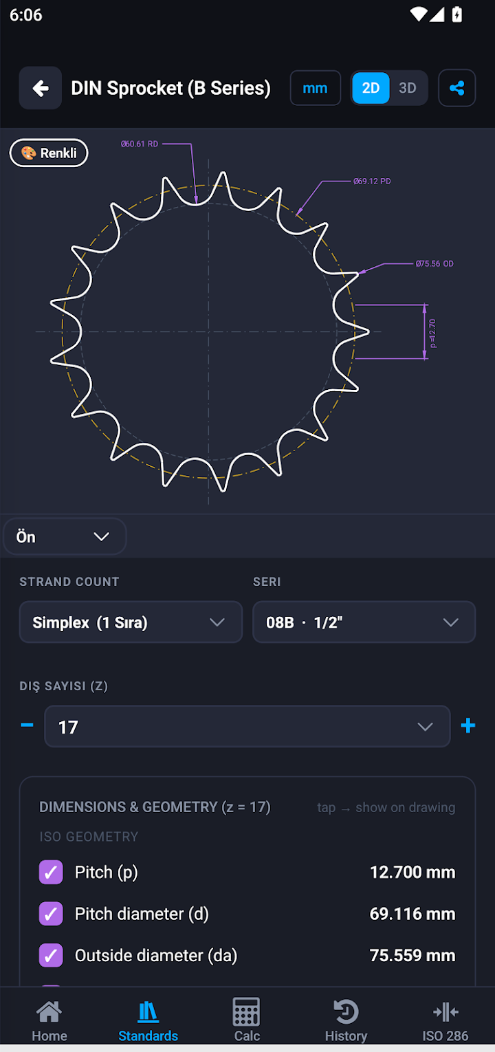 DIN sprocket 2D technical drawing screen